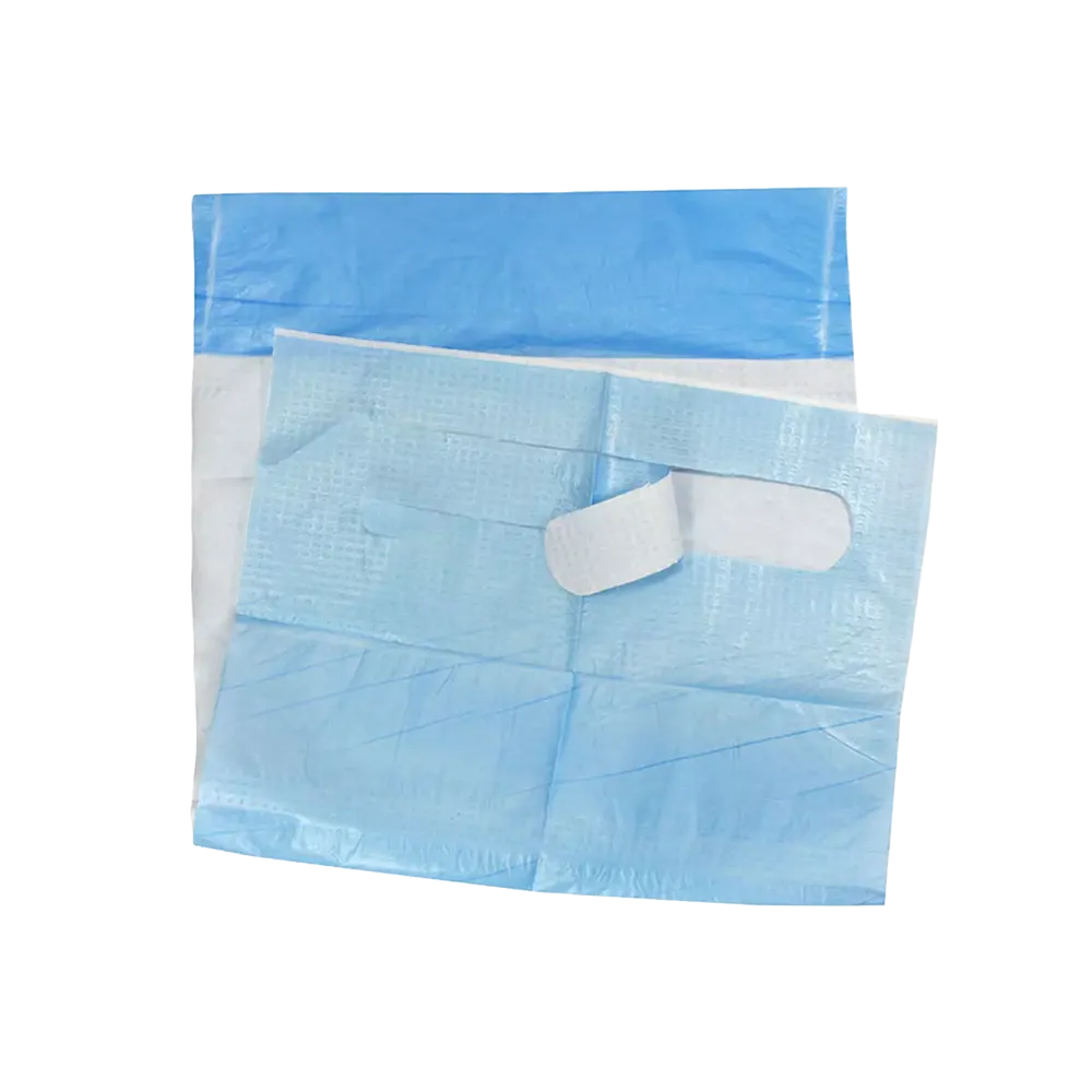 Babero desechables de PE para comer, 640 x 360 mm, blanco, azul, Med-Comfort: comprar baberos desechable con bolsillo y recubrimiento de PE para atar para su uso en medicina, enfermería y cuidado de ancianos.