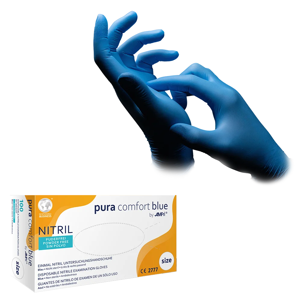 Guantes de nitrilo, azul, talla M, sin polvo, Puracomfort Azul: comprar guantes desechables de nitrilo como guantes de protección y guantes de examen de nitrilo.