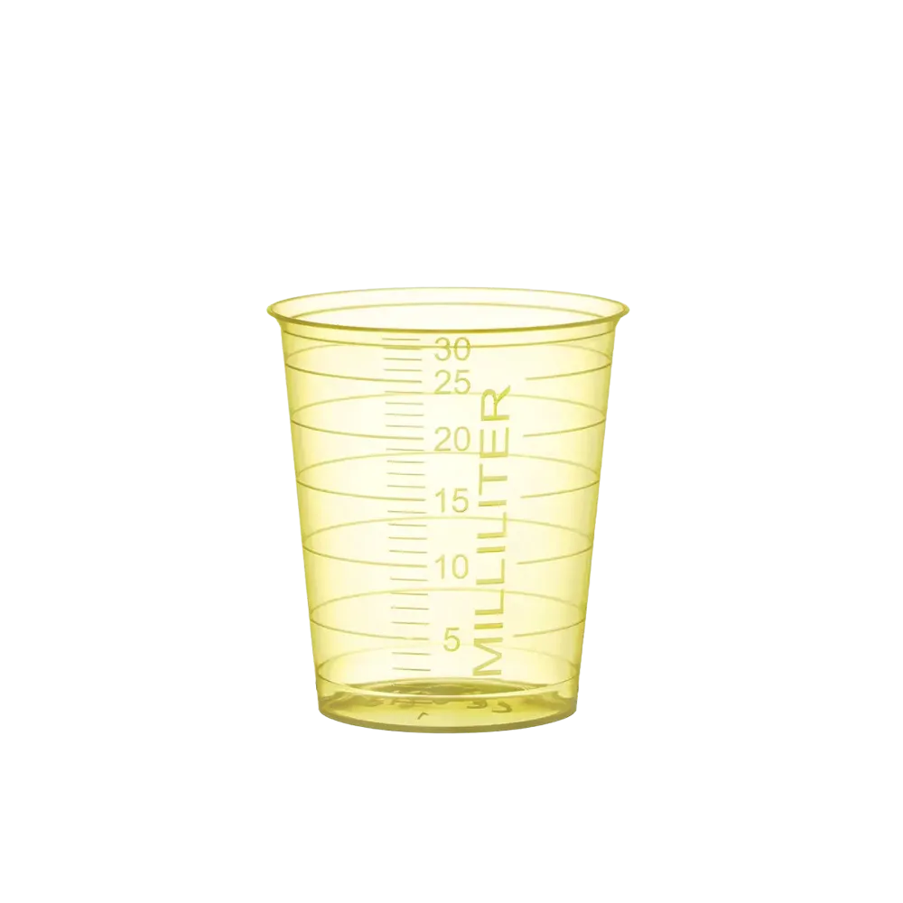 Vaso para medicamentos de PP, color amarillo, 30 ml, graduado: comprar vasos de polipropileno para tomar medicamentos o para dosificar líquidos y dispensar medicamentos como material de sala.