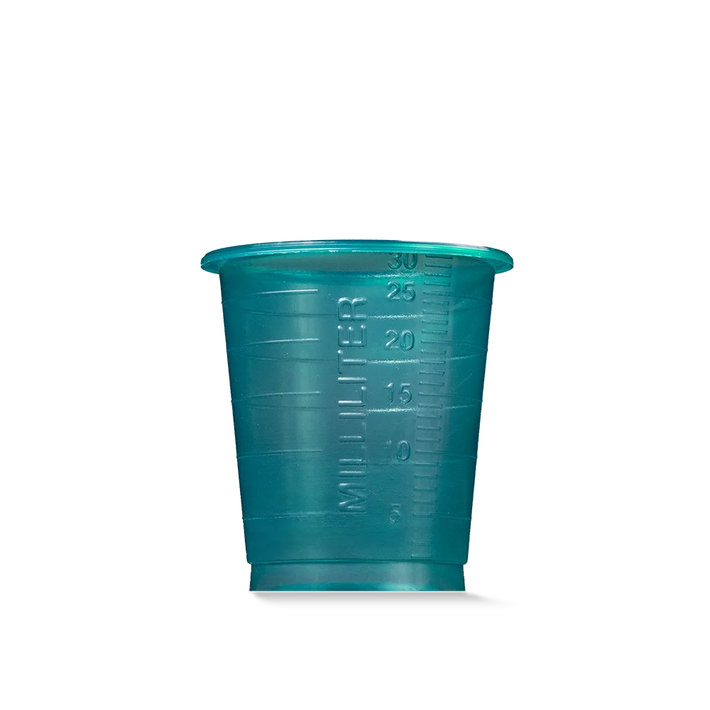 Vaso de medicina de PP, color verde, 30 ml, graduado: comprar vasos de polipropileno para la toma de medicamentos o para la dosificación de líquidos y la distribución de medicamentos como material de sala.