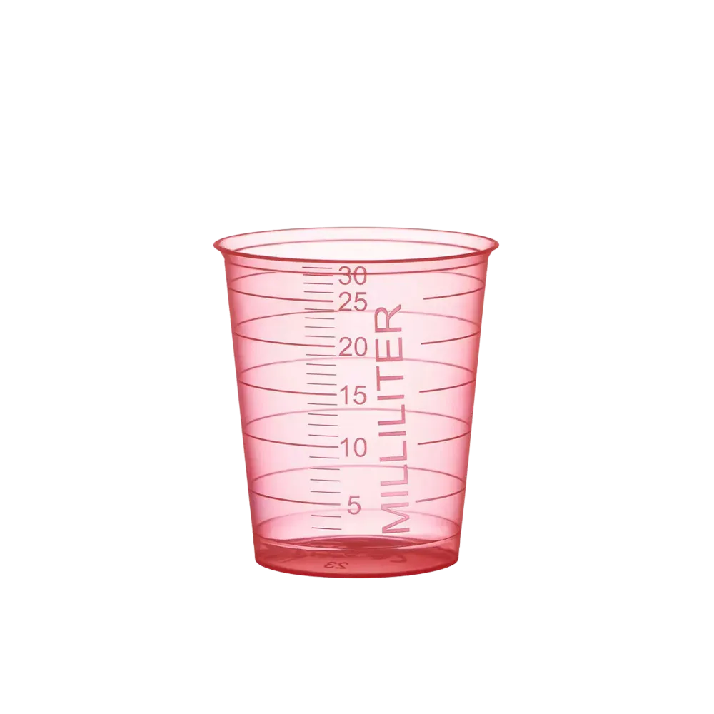 Vaso de medicina de PP, color rojo, 30 ml, graduado: comprar vasos de polipropileno para tomar medicamentos o para dosificar líquidos y dispensar medicamentos como material de sala.