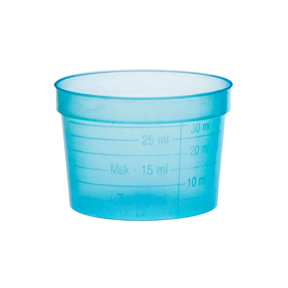 Vaso para medicamentos de PP, color azul, ancho, 30 ml, graduado: comprar vasos de polipropileno para tomar medicamentos o para dosificar líquidos y dispensar medicamentos como material de sala.