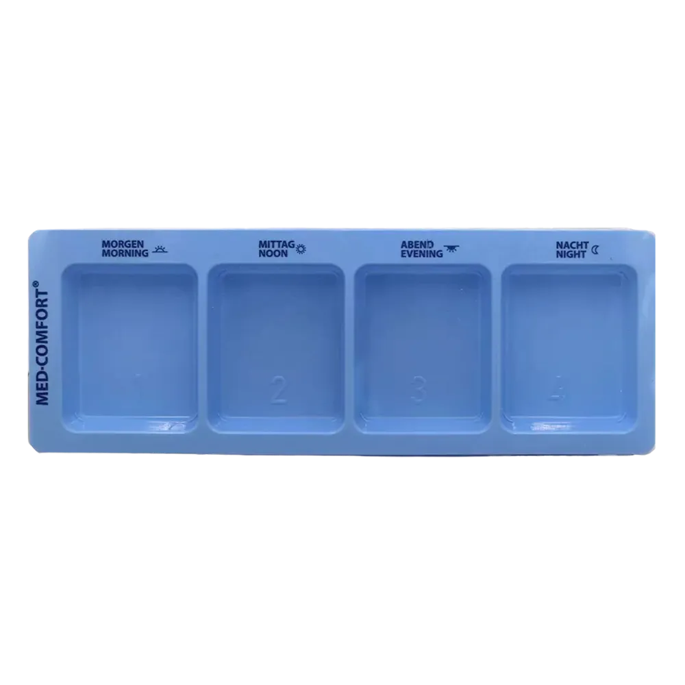 Dispensador de medicamentos desechable de PP, 4 compartimentos, 22 x 8 x 2 cm, azul, Med-Comfort: comprar el blíster deslizante de polipropileno extragrande con los horarios diarios impresos para almacenar las necesidades diarias de medicamentos como sumi