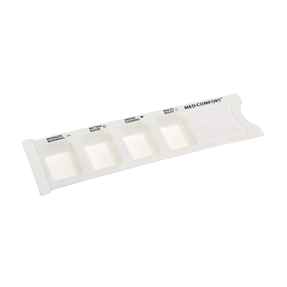 PP Dispensador de medicamentos desechable, 4 compartimentos, 22,2 x 6 x 1,5 cm, blanco, Med-Comfort: comprar blíster deslizante de polipropileno con horas impresas del día para almacenar las necesidades diarias de medicamentos como suministros de la sala