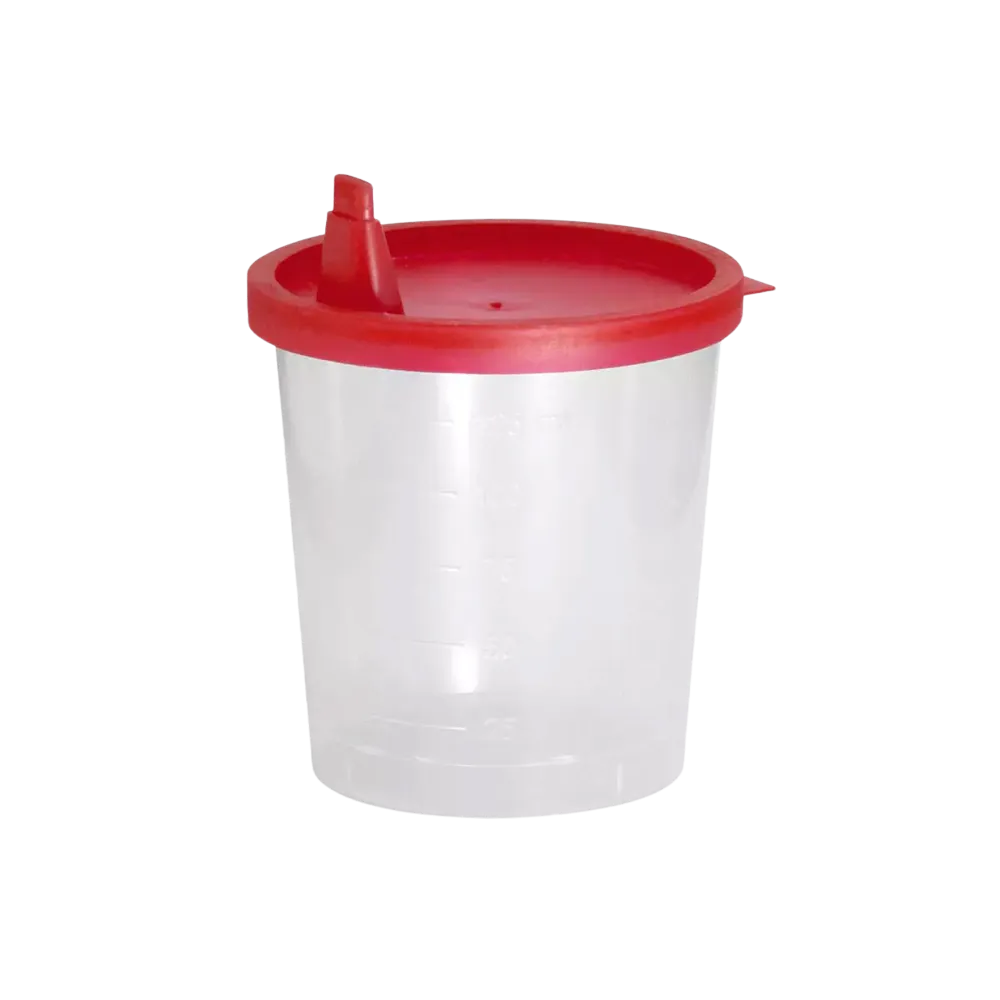 Recipiente de recogida de orina de PP con tapa a presión, 125 ml, color transparente, rojo: comprar vaso de orina graduado para el transporte seguro de la orina como suministro de la sala y del paciente.