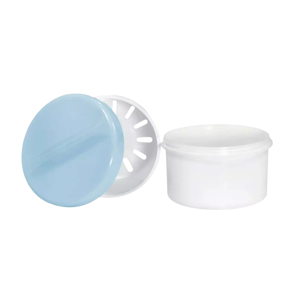 Vaso desechable de PP para dentaduras postizas, blanco, azul, 250 ml de capacidad: comprar vaso con tapa e inserto de polipropileno para dentaduras postizas como suministros dentales.